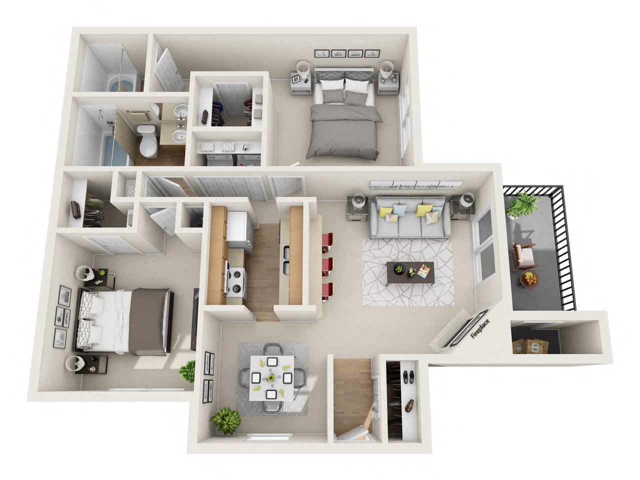 Floor plan for 2 beds, 2 baths, 1025 sqft